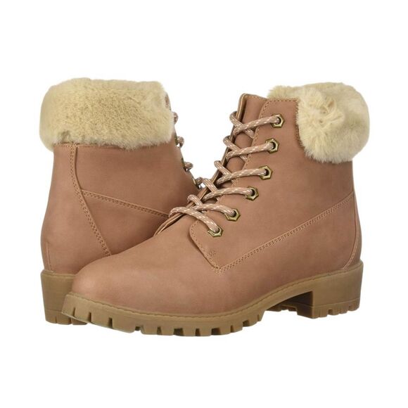 Madden Girl Women's Blush Ankle Lug Workboot Booties Faux Fur Trim Lace-Up Zip - Picture 2 of 16